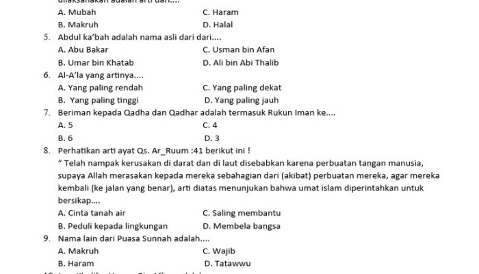 20 Soal Ulangan SKI Kelas 6 SD Semester 1 Kurikulum Merdeka dengan Jawaban