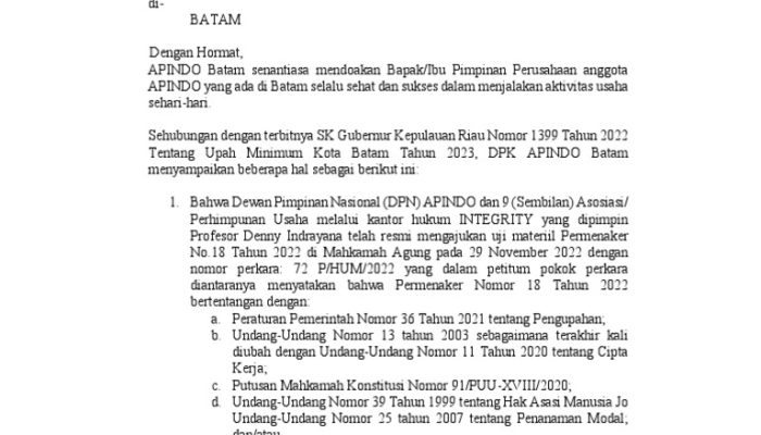 UMK Batam 2026: Apindo Hormati Keputusan, Meski Kenaikan Dinilai Terlalu Tinggi
